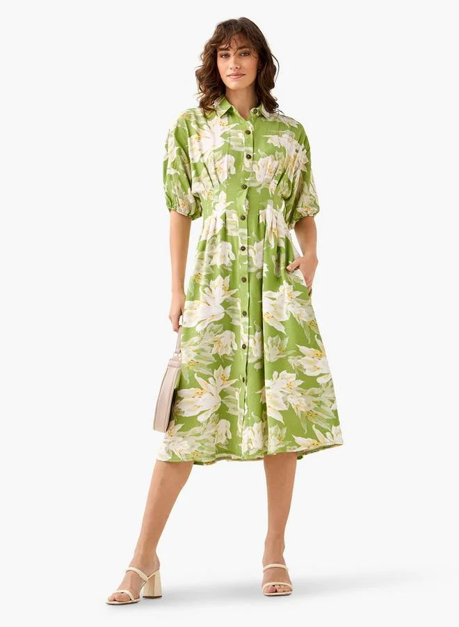 Splash FAV Floral Print Shirt Style Women Dress with Collar Viscose